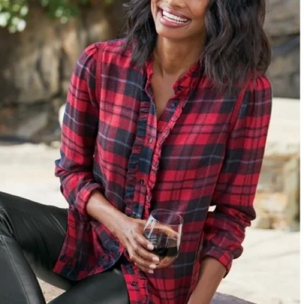 NEW Soft Surroundings Triana Red Black Flannel Button Down Ruffle Shirt Size PS